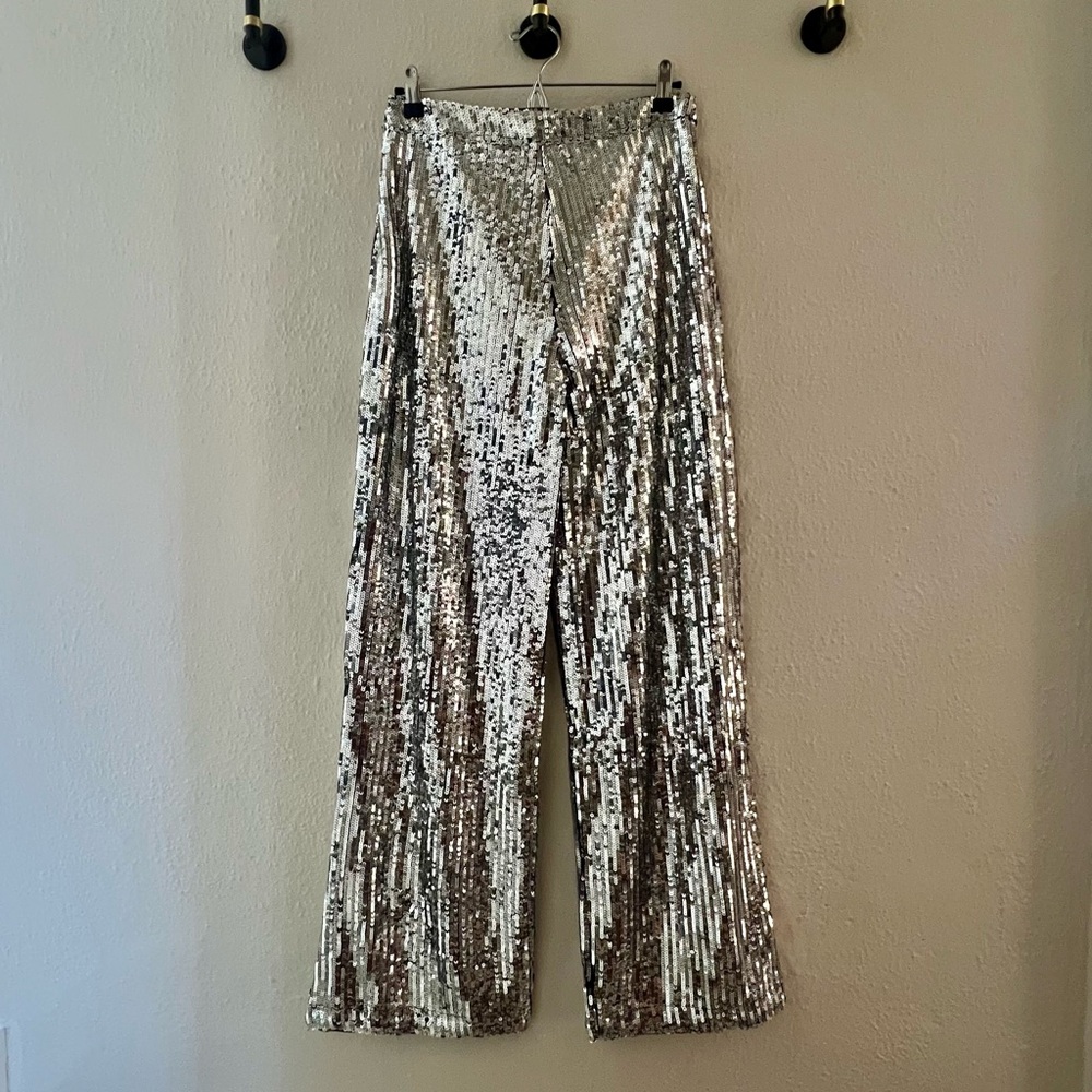 12th Tribe California Dreaming Silver Sequin Trousers Size Medium - Picture 6 of 6
